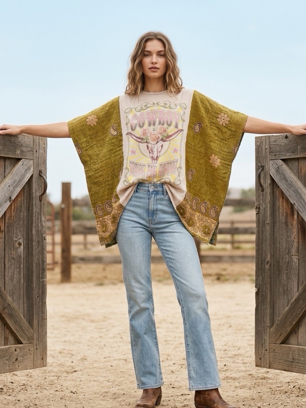 Handcrafted Upcycled Cowboy Take Me Away Kantha Tunic NWT One Size